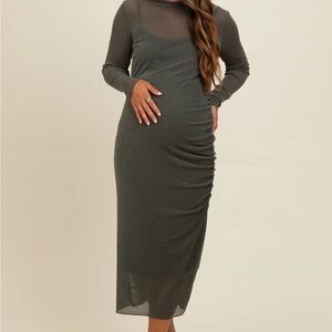 PinkBlush Olive Shimmer Mesh Long Sleeve Ruched Maternity Midi Dress